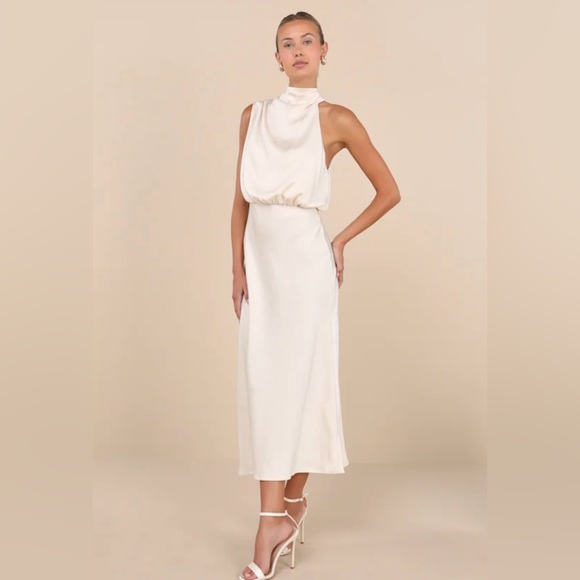 Greta Champagne Crinkle Satin Mock Neck Sleeveless Midi Dress Bridal Rehearsal - Picture 2 of 4